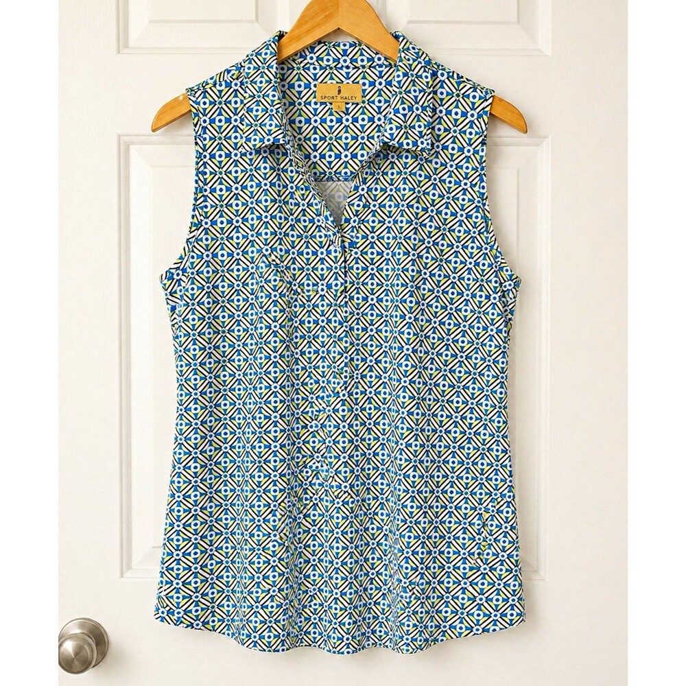 Sport Haley Blue Geometric Knit Polo Top Womens L Sleeveless Collared Button